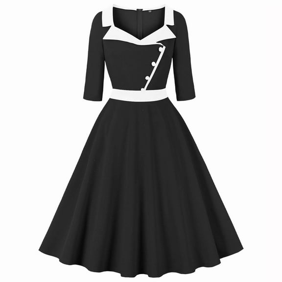 Hxshgdsn Vintage Dress for Women with Buttons Notch Lapel V-neck 3/4 Sleeve Cocktail Party Gown Swing Midi Dresses,Black,XL
