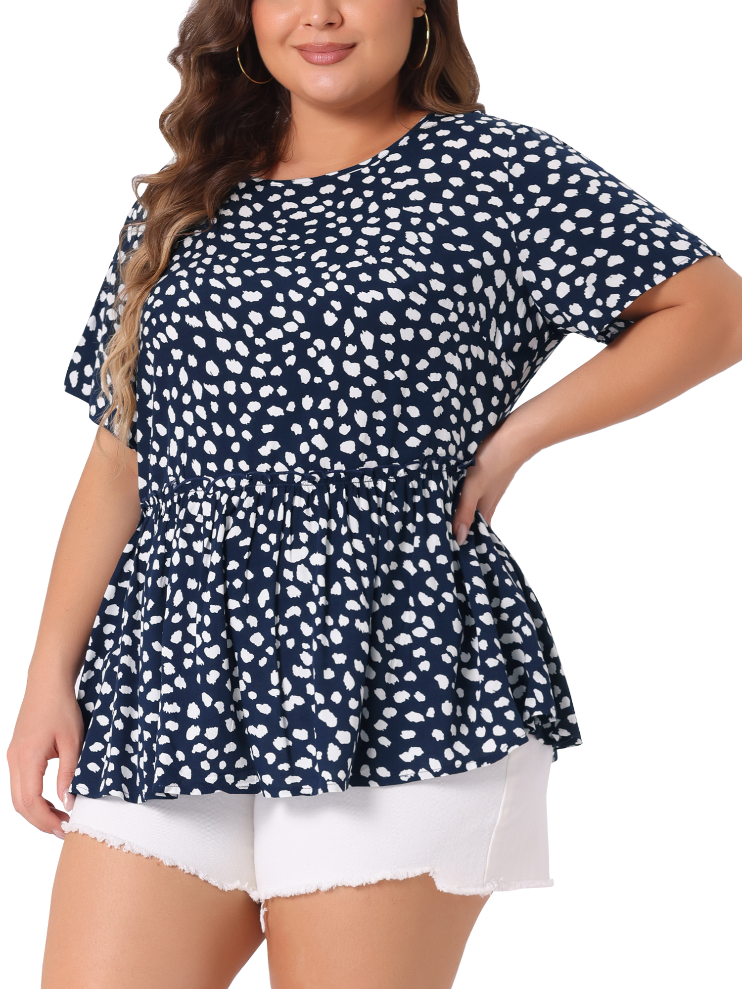 DARING DIVA Women's Plus Polka Dots Crew Neck Peplum Blouse 3X Navy Blue