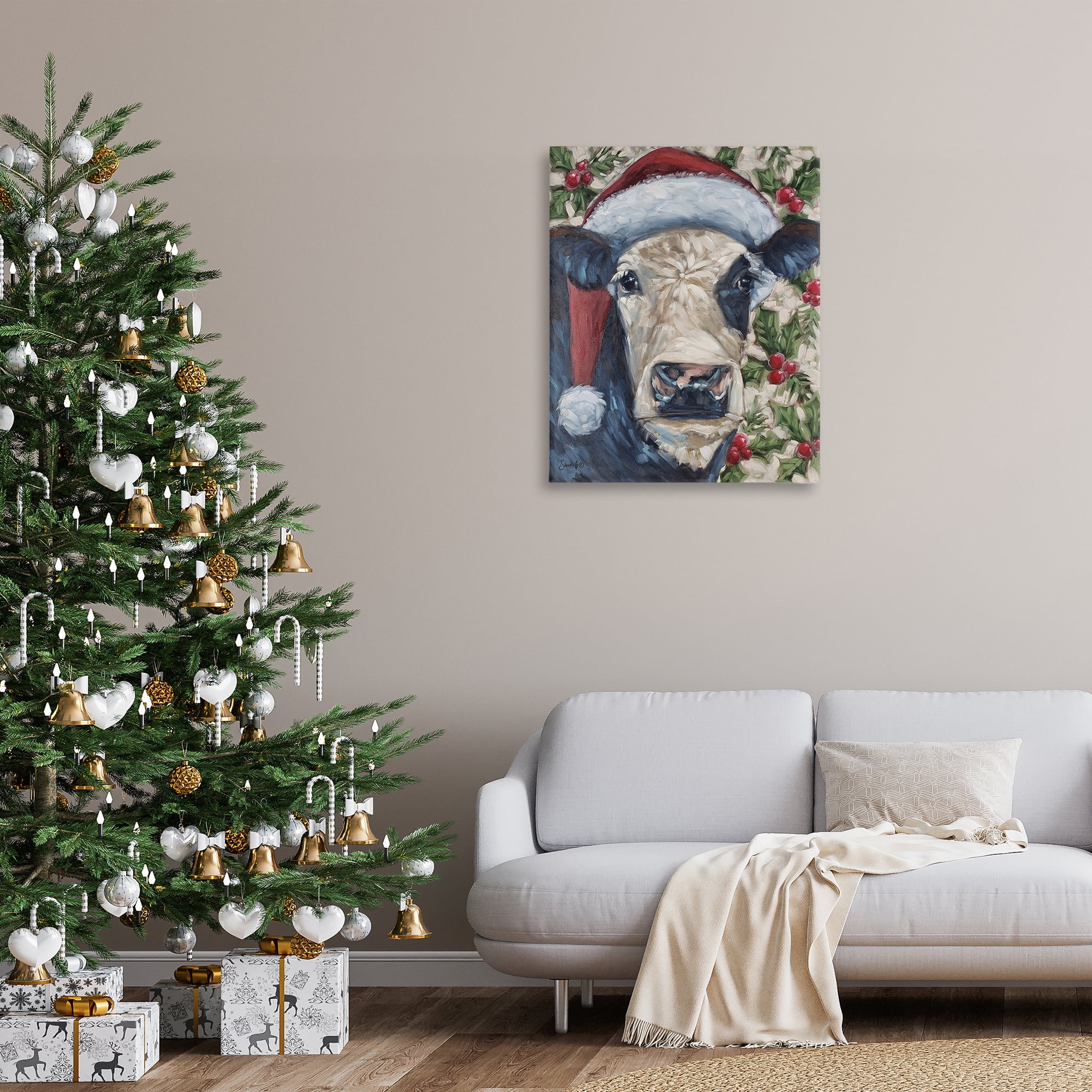 Stupell Industries Cow with Festive Holly Holiday Painting Gallery Wrapped Canvas Art Print Wall Art, 30 x 40