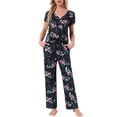 thumbnail image 1 of Pijamas para mujeres INSPIRE CHIC, camiseta de cuello en V de manga corta con pantalones de tiro ajustable, conjuntos de lounge impresos con bolsillos, XL, negro floral, 1 of 6