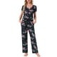 thumbnail image 1 of Pijamas para mujeres INSPIRE CHIC, camiseta de cuello en V de manga corta con pantalones de tiro ajustable, conjuntos de lounge impresos con bolsillos, L negro floral, 1 of 5