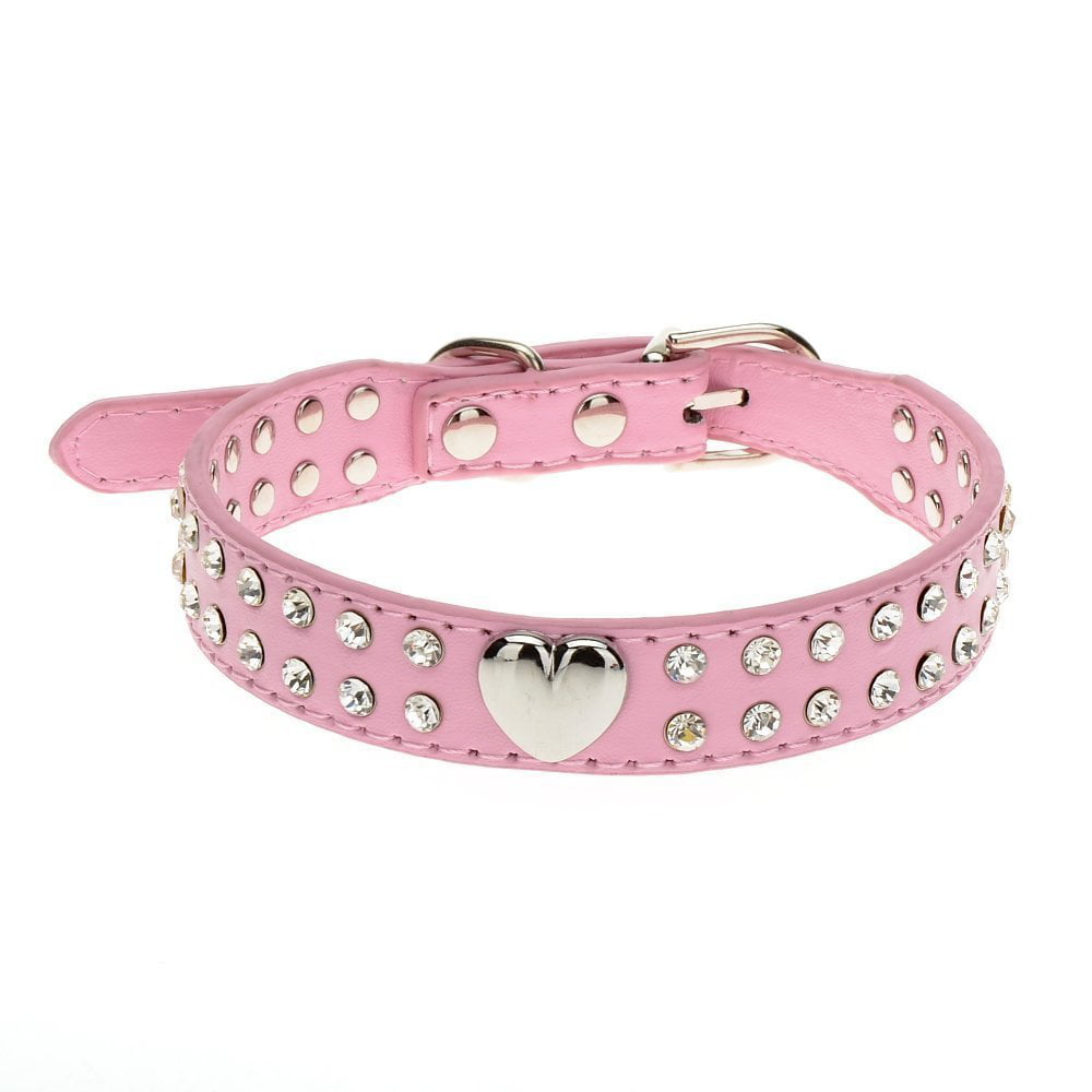 Pink, Small Pet Kingdom 2 Rows Rhinestone Bling Heart Studded Leather Dog Collar For Small Or Medium Pet Collar