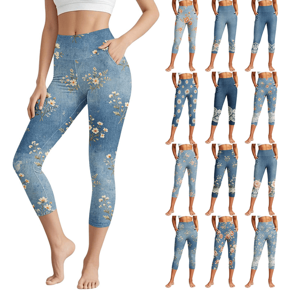 CBASIHI Womens Floral Denim Capri Leggings with Pockets- Elastic High Waisted Tummy Control Workout Casual Fitness Yoga Pants Chamomile Size S-3XL