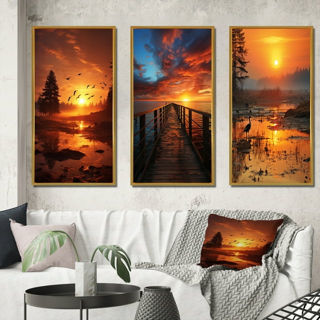 Designart "Lakeside Serenity Morning Sunrise II" Landscape & Nature Framed Wall Art Set Of 3 - Yellow Sunrisesunset Frame Gallery Wall Set For Home Decor