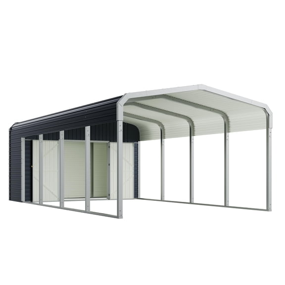 Jocisland 12'x24' 2-in-1 Carport & Storage Shed, Heavy Duty Carport with Galvanized Steel Roof, 2 Transparent Panels & Double Doors for Cars, Trucks