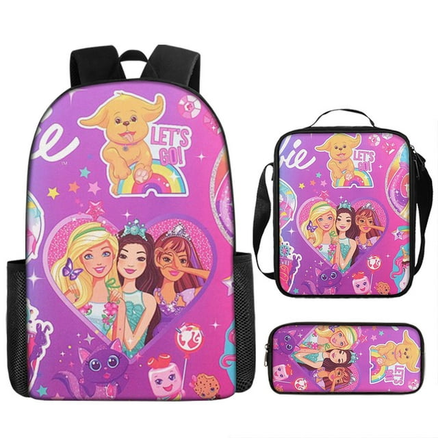Barbie Princess Backpack Three-Piece Pink Barbie Girl Backpack Large Capacity Student Backpack