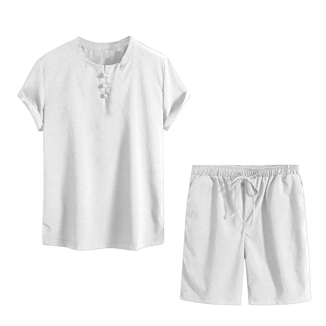 Mens Pantalones de Cordón de Color Sólido Casual Bolsillo Cortos de Cordón Y Hebilla de Manga Corta con Cuello en V, Poliéster