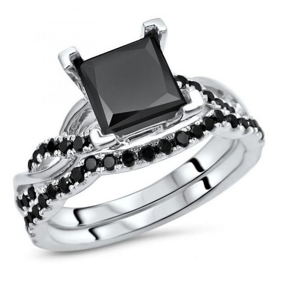 NYS Jewellers Women's 925 Sterling Silver 1.80 Ct Princess Cut Black Diamond Engagement Wedding Thanksgiving Christmas Bridal Ring Set 14K White Gold Plated -9.5