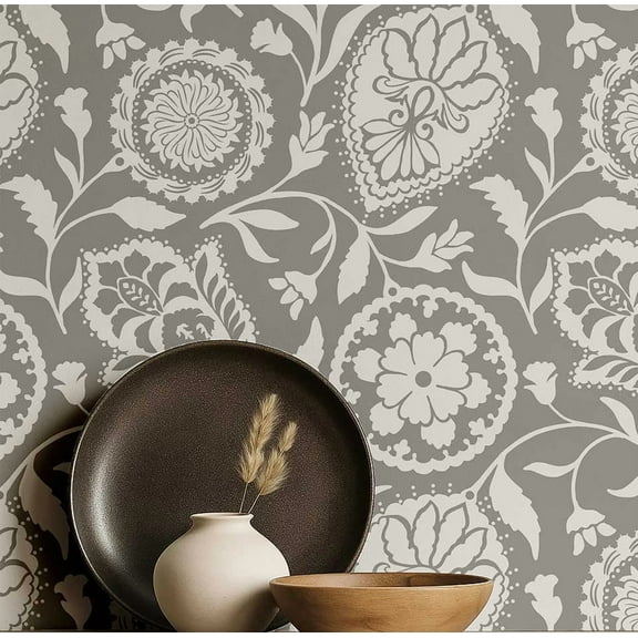 S4sassy Self-Stick Decorative Boho Wallpaper, Floral Paisley Print Wall Paper, Vinyl Waterproof Contact Paper, Gray, 25"x120" Removable Renter Friendly Wall Covering For Bedroom, Dining room