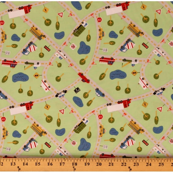 Cotton Kids Cars Trucks School Buses Beep Rumble Keep on Truck'n Light Green Cotton Fabric Print by the Yard (Y2676-20)