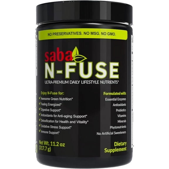 Saba N-Fuse-Supper Foods-Phytonutrients, Super Fruits, Pre & Probiotics, Enzymes, Adaptogens, Antioxidants-Eliminate Toxins, Gas. Provides Digestive Support, Boost, Immune System & Energy-30 Servings