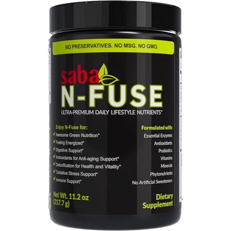 Saba N-Fuse-Supper Foods-Phytonutrients, Super Fruits, Pre & Probiotics, Enzymes, Adaptogens, Antioxidants-Eliminate Toxins, Gas. Provides Digestive Support, Boost, Immune System & Energy-30 Servings