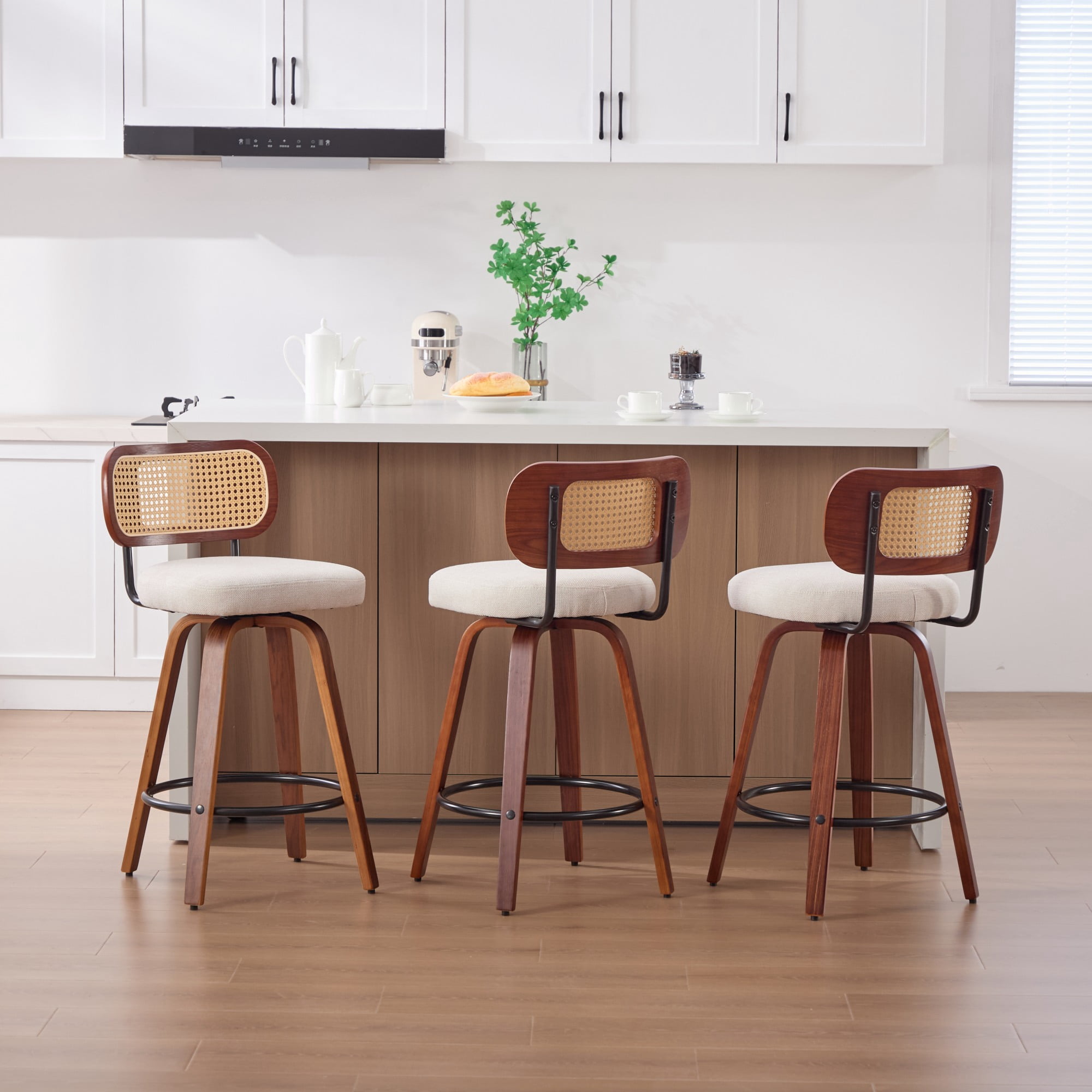 Oufan Swivel Bar Stools Set of 3, Wooden Counter Height Bar Chairs w/ Upholstered Seat & Rattan Backrest, Farmhouse Barstool for Kitchen Island,Cafe