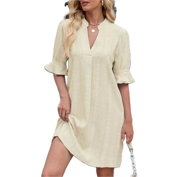 Women's Eyelet Flounce Sleeve Mini Dress 95% polyester and 5% spandex fabric for a light comfortable everyday wear
