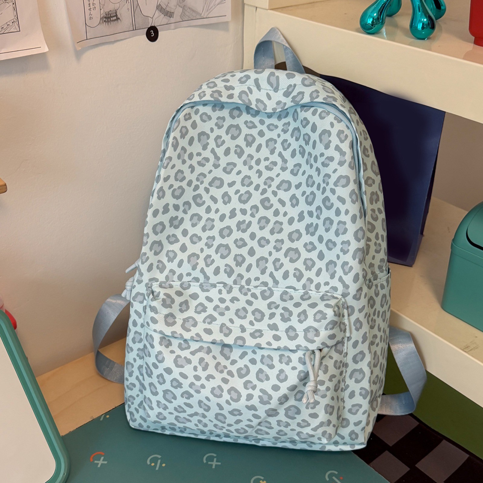 Mochila para niños con estampado de leopardo, casual para estudiantes de secundaria, viaje, azul, talla única 4