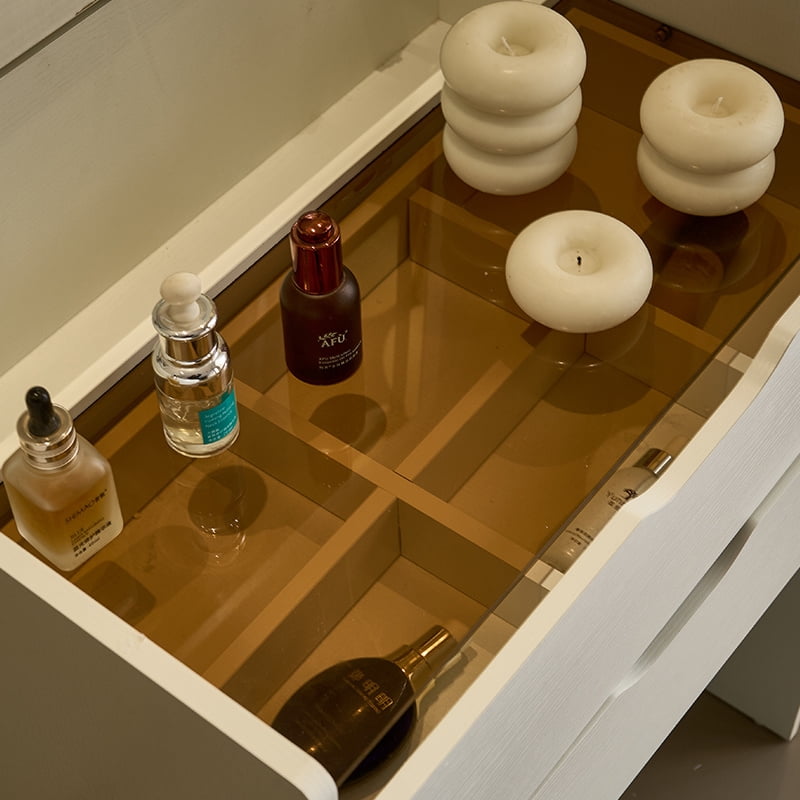 3-in-1 Flip Top Makeup Vanity Desk with 3 Color Light Mirror, Glass Tabletop Storage Drawers Solid Wood Legs, Dressing Table Workstation Nightstand for Bedroom