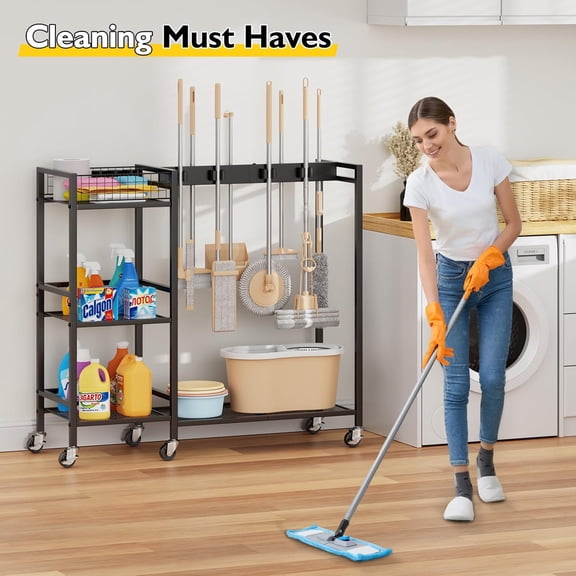Broom Holder with Cleaning Supplies Organizer, Movable Broom Closet Storage Cabinet with Cleaning Caddy, Cleaning Cart with Mop Rack, Janitorial Housekeeping Cart on Wheels, Laundry Room Organization