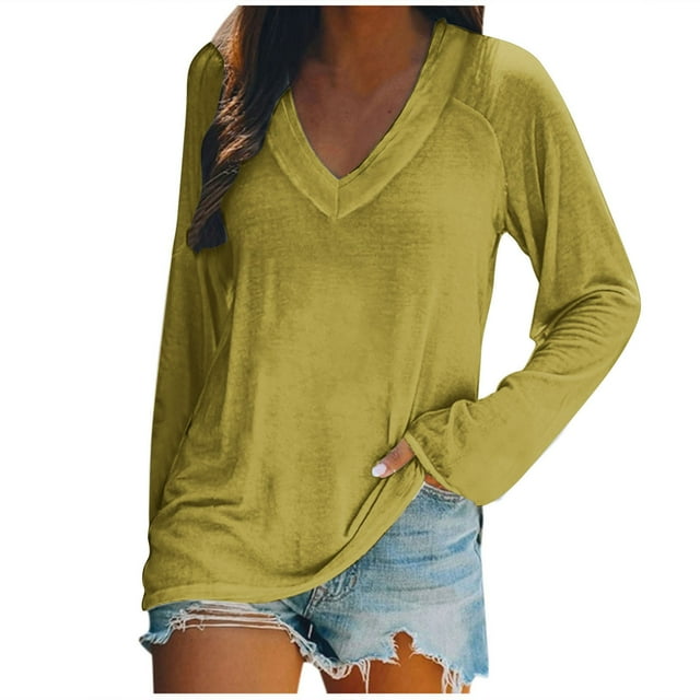 AherBiu Womens T Shirts V Neck Loose Fitted Long Sleeve Basic Tee Oversized Comfy Fall Tops Solid Color