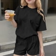 thumbnail image 2 of Ensemble T-Shirt et Short pour Filles, Haut à Col Rond Uni à Manches Courtes et Short, Tenue de Sport Décontractée Deux Pièces pour Enfants, 2 of 7