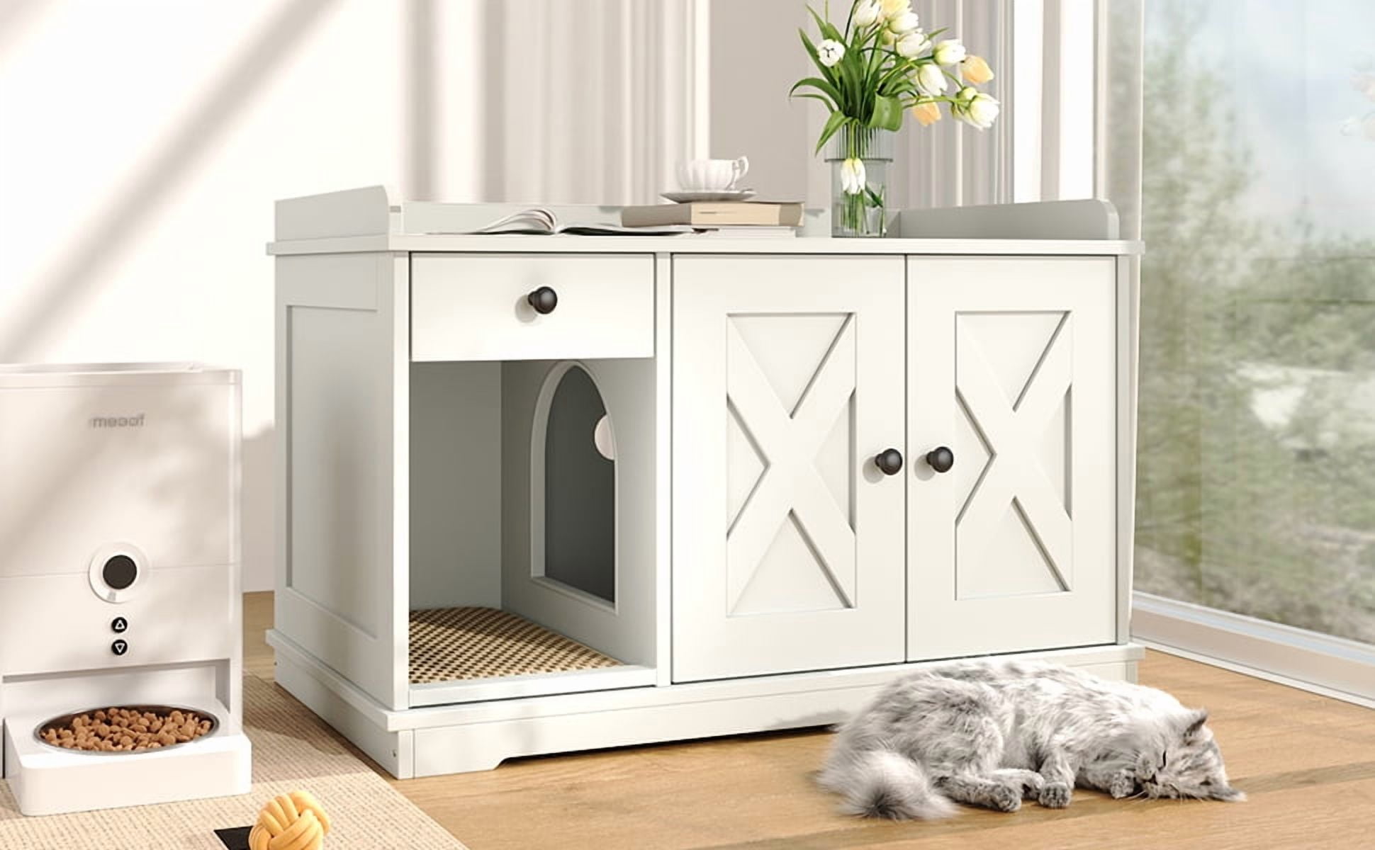 Euroco All-in-One Cat Litter Box Furniture with Drawer, Hidden Litter Box Enclosure, Winding Entrance, Storage Shelf, and Built-In Litter Mat