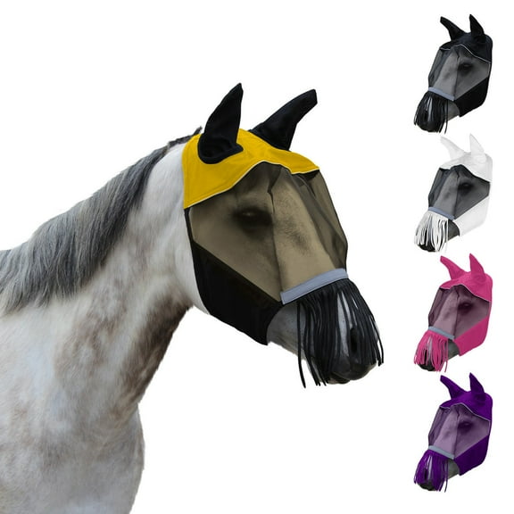 Reflective Horse Fly Mask Ears & Fringes Safety Yellow-Large (Full Horse)