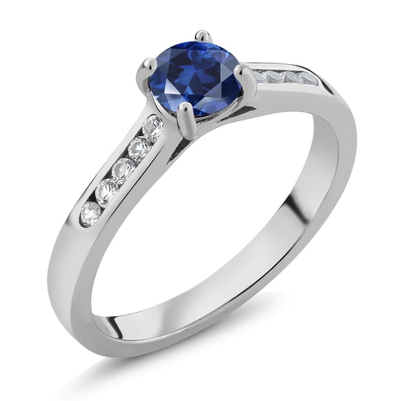 Gem Stone King 925 Sterling Silver Blue Created Sapphire and White Created Sapphire Engagement Ring for Women | 0.70 Cttw | Round 5MM | Gemstone September Birthstone | Size 5