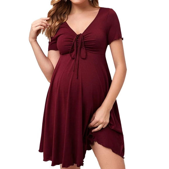SUNSIOM Womenacute;s Summer Short Pregnancy Dress Solid Color Short Sleeve V Neck Baby Shower Dress
