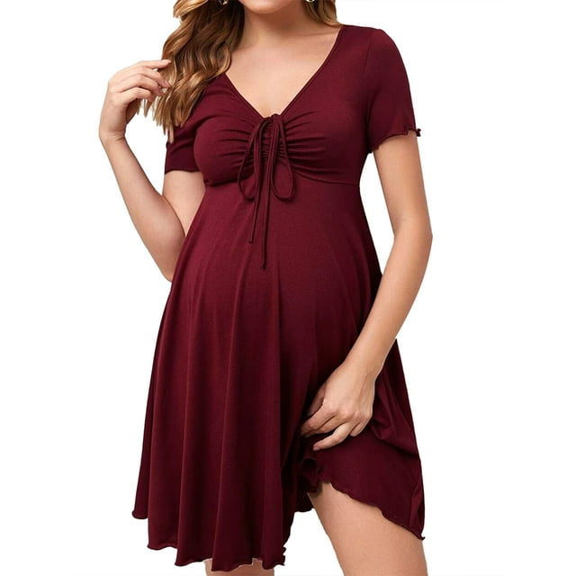 ZAXARRA Robe de Grossesse Courte d'Été pour Femmes Couleur Unie Manches Courtes Col en V Robe de Baby Shower