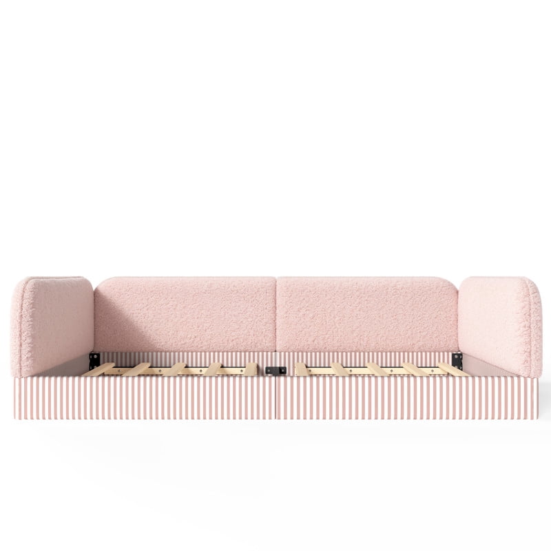 Queen Size Upholstered Floor Daybed Frame for Kids, Half-Enclosed Montessori Platform Bed with 3-Sided Surrounding Guardrails
