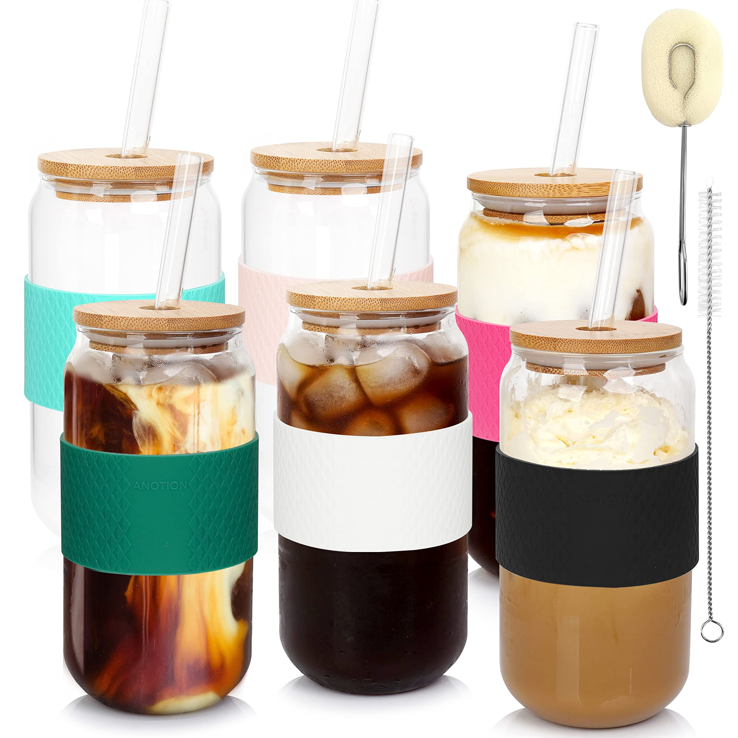 Hoteelee Beer Can Glass with Silicone Lids and Glass Straws,4 Pack