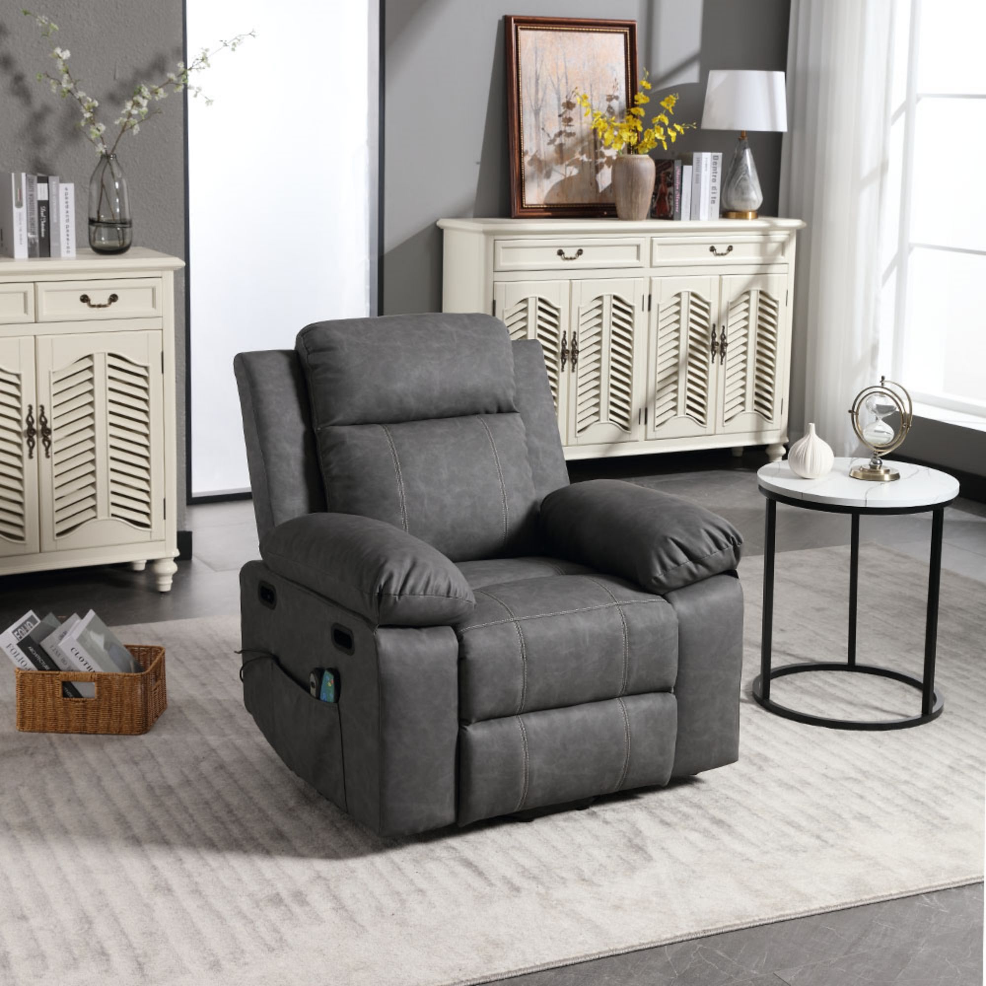 PAPROOS Recliner Chair, Electric Power Lift Recliner with Heat Therapy and Massage Function, Large Size Lift Chair with Remote and Side Pocket, Oversized Power Reclining Sofa, Gray Blue