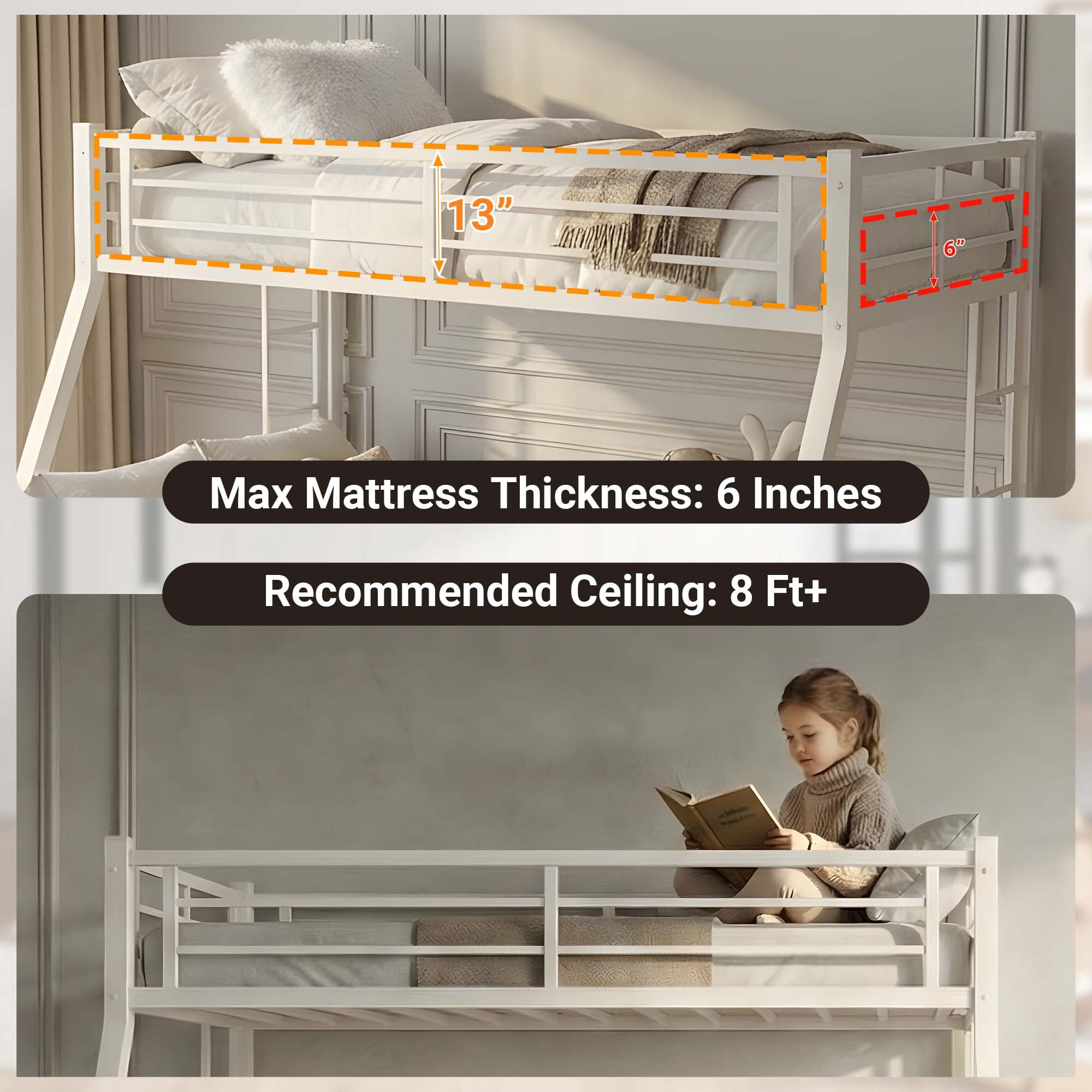 Miniyam Twin Over Full Metal Bunk Bed Frame with Ladder and Guardrails, White