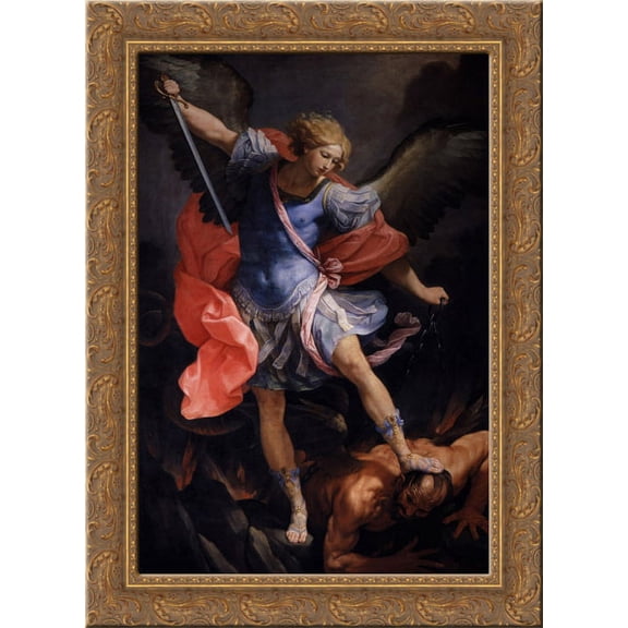 The Archangel Michael defeating Satan 20x24 Gold Ornate Wood Framed Canvas Art by Reni, Guido