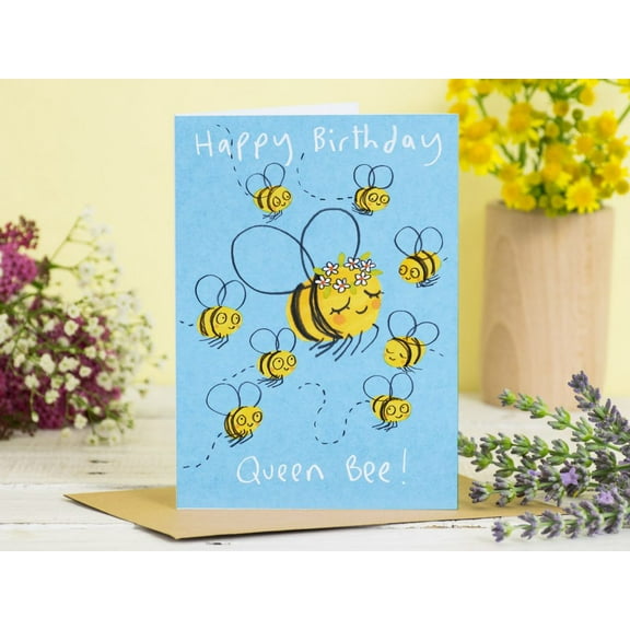 Happy Birthday Queen Bee Card – Cute Bee Illustration, Blank Inside, Envelope Included – Perfect Birthday Greeting for Friends, Family, or Loved Ones