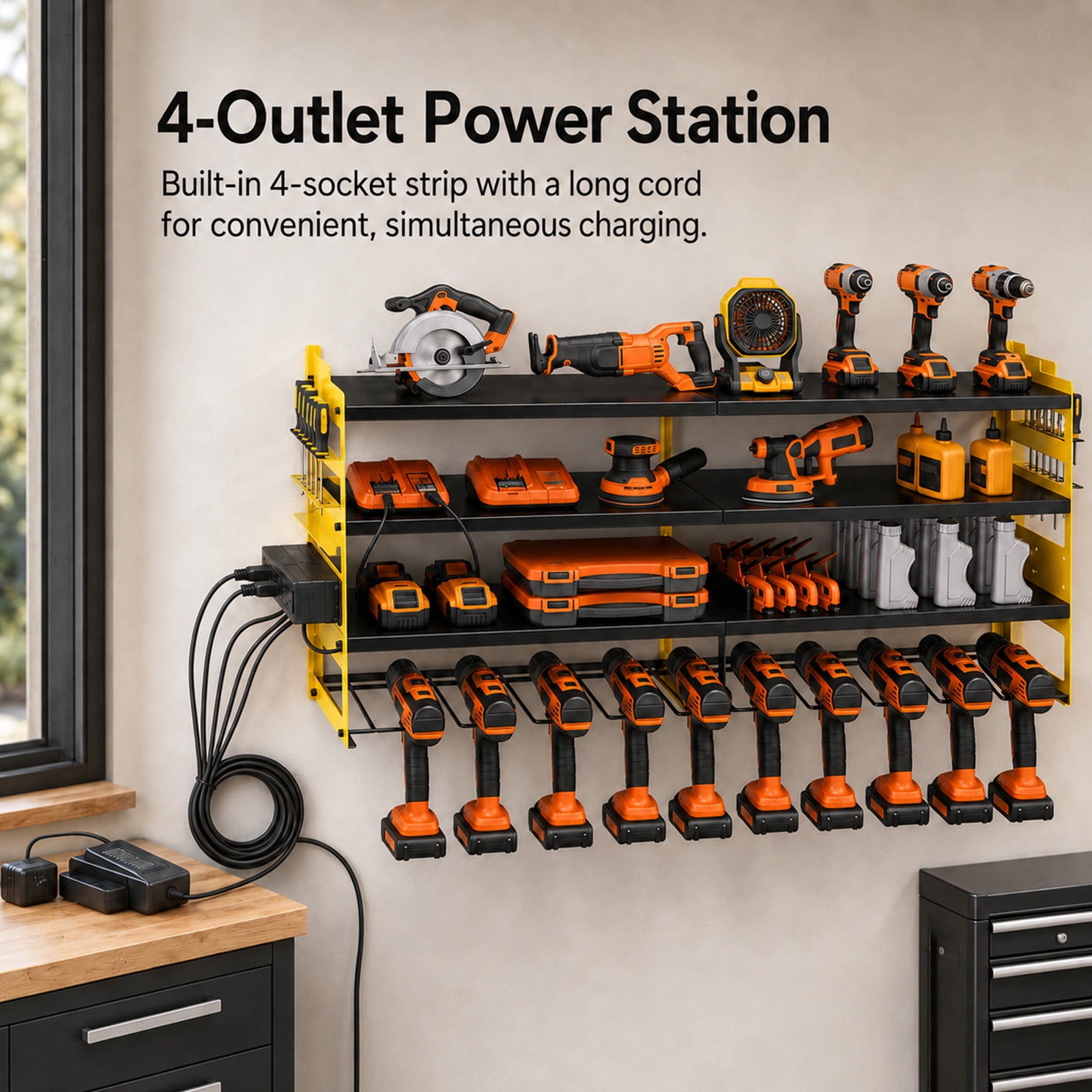 Alvantor 4-Tier Electric Tool Storage Rack with Charging Station, Power Tool Organizer with Screwdriver/Hammer/Air Tool Rack