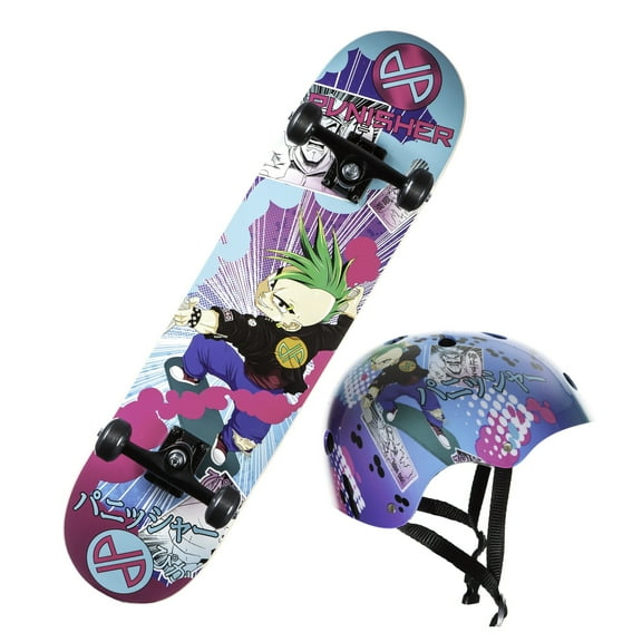 Punisher Anime Skateboard & Helmet Combo - Canadian Maple Skateboard, Durable Helmet