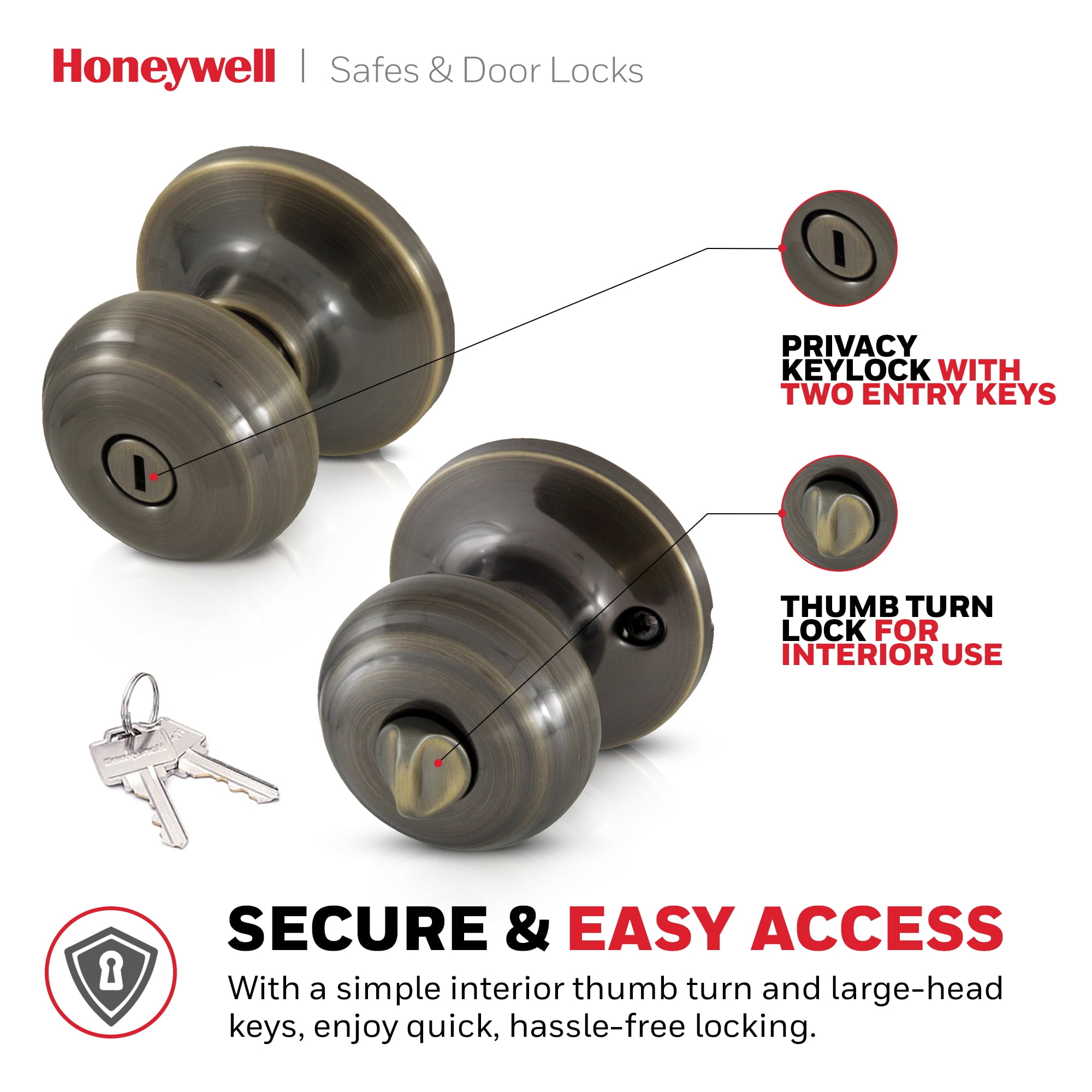 Honeywell Door Locks, Classic Knob Privacy Door Lock, Antique Brass