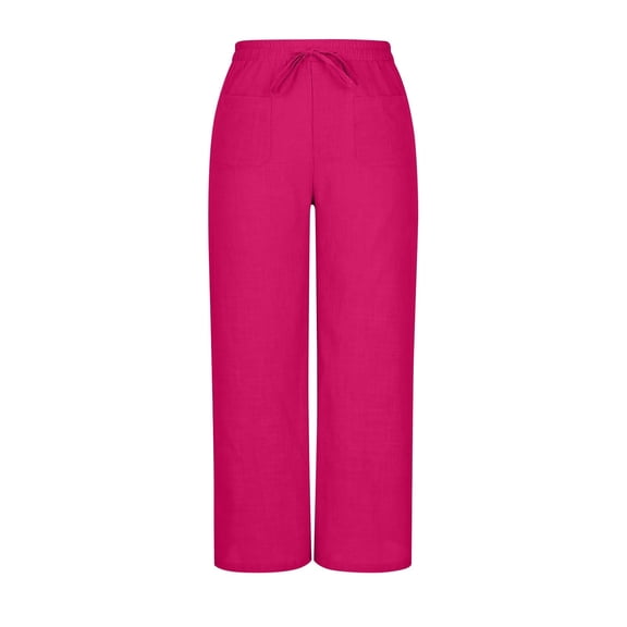 GPOECD Summer Casual Blend Elastic Waist Pants Straight Wide Leg Long with Pockets for Women Wide Leg Trousers Women Hot Pink,L
