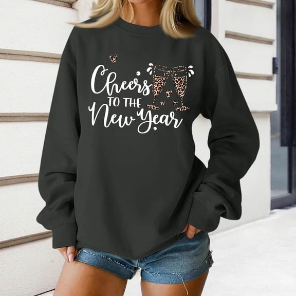Women's Fashion Top New Year 2026 Printed Pullover Sweatshirt Holiday Design for Women Casual Celebration Streetwear Top,Dark Gray,L