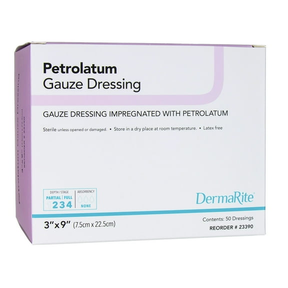 DermaRite Petrolatum Impregnated Dressing 3 x 9" Rectangle Gauze 23390 50 Ct