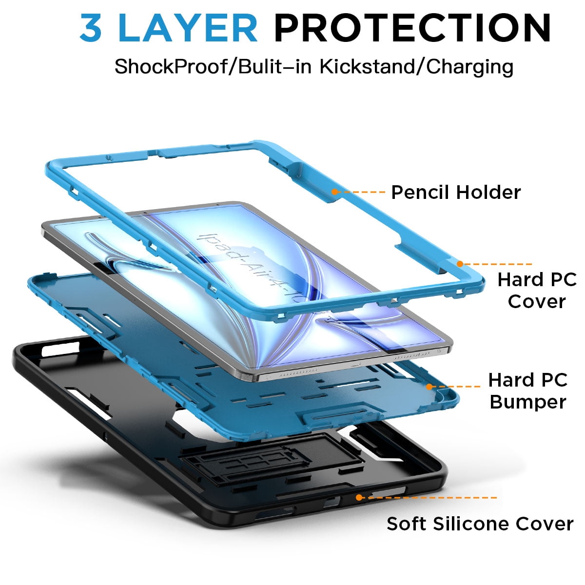 AICase For iPad Air 11-inch M2 (2024), iPad Air 5th 4th Generation 10.9 inch 2022 2020 Case with Pencil Holder,Heavy Duty Shockproof Stand Cover Screen Protector