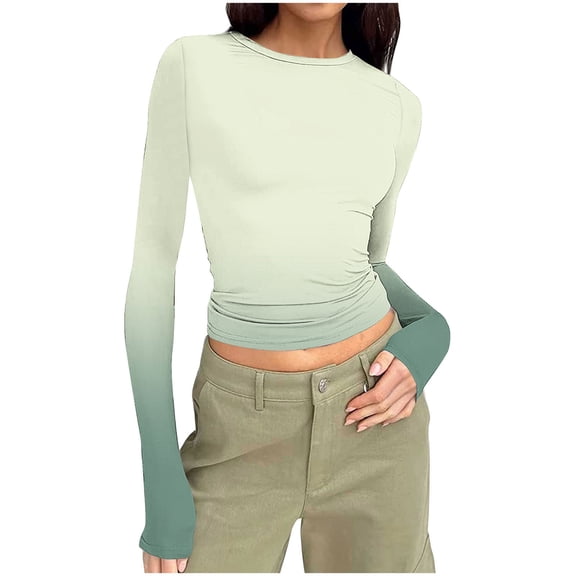 Gradient Long Sleeve Tops for Women Slim Fit Stretchy Crewneck Tee Fall Winter Ombre Fitted Basic Shirt
