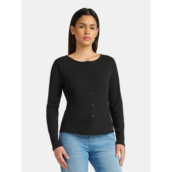 Time and Tru Women's Ribbed Knit Button Front Top with Long Sleeves, Sizes XS-XXXL