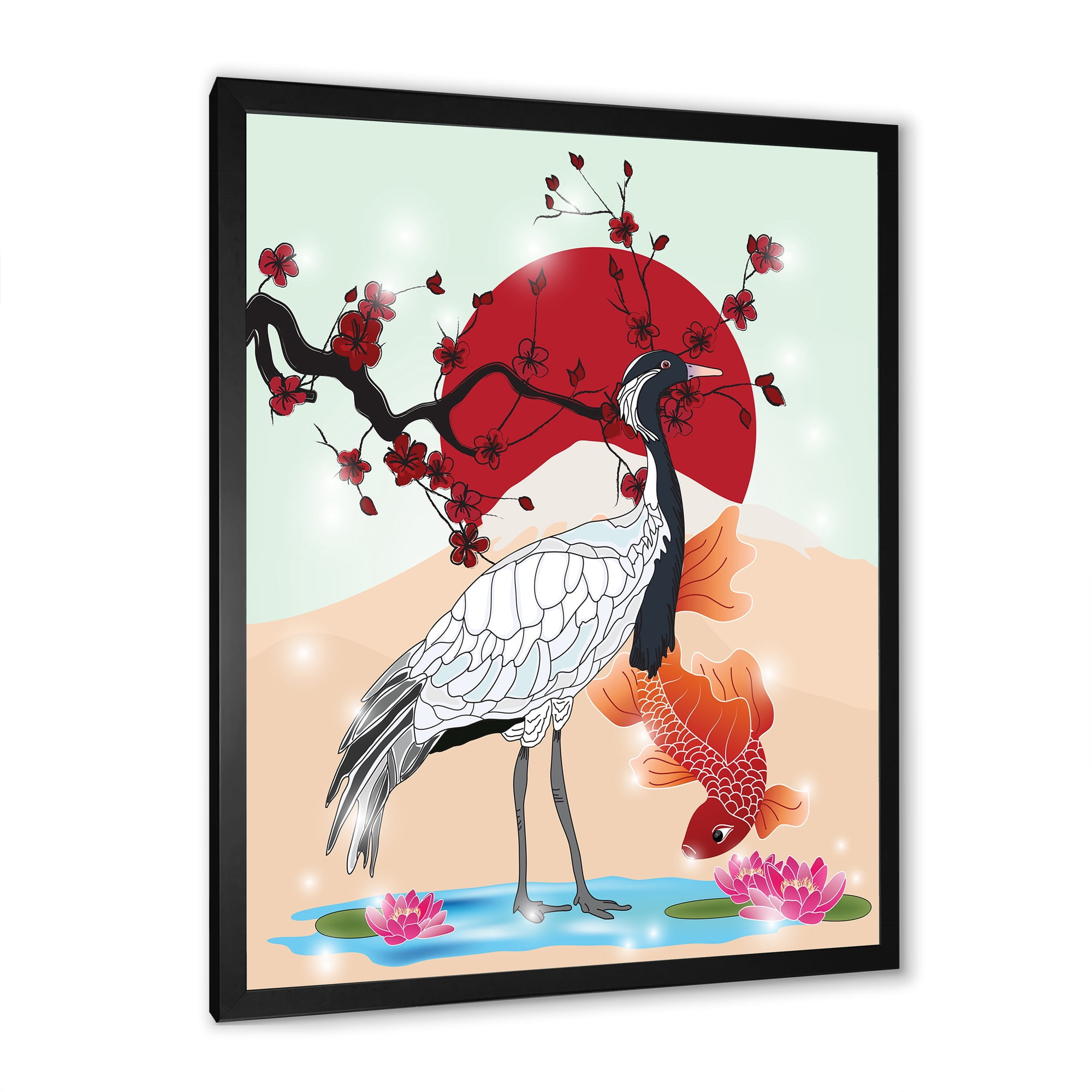 Designart 'Koi Fish With Crane Bird' Farmhouse Framed Art Print