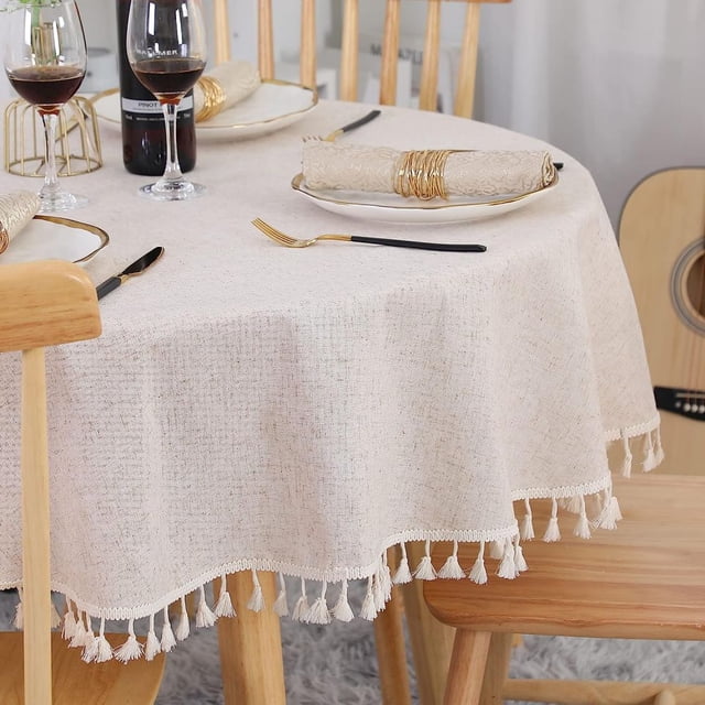 Elegant Vintage Style Linen Textured Round Tablecloth With Tassel Design, Waterproof Spill Proof Strong And Durable Beige Table Cover For Dining Room, Kitchen, And Outdoor Events (150 Cm)
