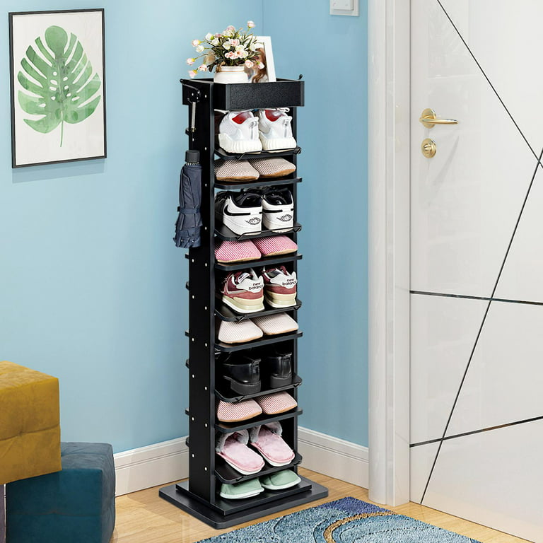 Giantex 360° Free Rotating 10-Tier Shoe Rack, Vertical Wood Shoe Storage  Shelves w/Hooks & Extra Top Storage, Free Standing Perfect for Narrow  Closet, Entryway (Black) 