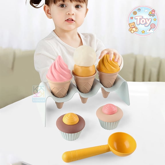 Ice Cream Pretend Play Set with Cupcakes, Serving Rack and Scoop, Dessert Shop Simulation Toys, Sweet Treat Role Play Kit, Christmas Birthday Gifts, Toys for Toddler Baby Kids Boys Girls, Age 3