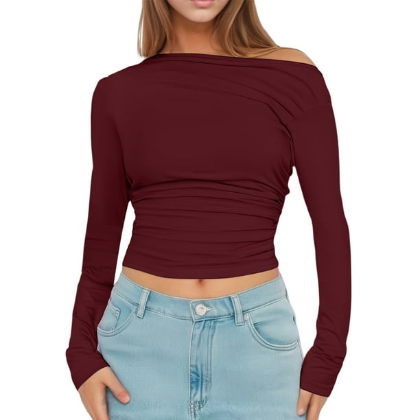 Top corto de manga larga con hombros descubiertos para mujer - Camiseta ajustada con cuello barco - Ropa informal para salir - S-L