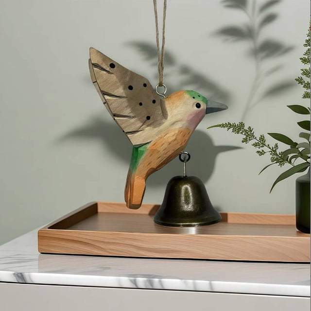 Humming Bird Hanging Ornament With Bells Handcrafted Wooden Decor For Indoor Outdoor Use