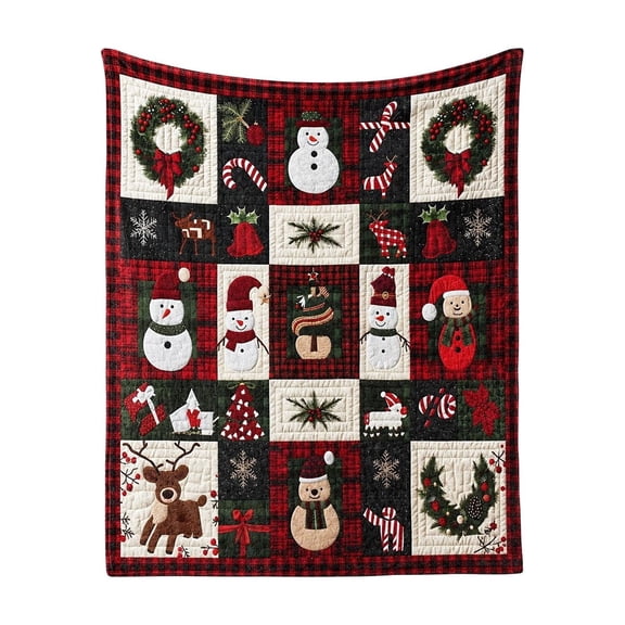 Christmas Snowman Reindeer Plaid Flannel Blanket 75x100cm, Quilted Throw for Sofa Bed, Festive Home Winter Decor